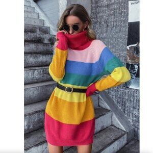 Lazy Oaf Rainbow Stripe Roll Neck Knit Jumper Sweater Cotton Blend Size Small